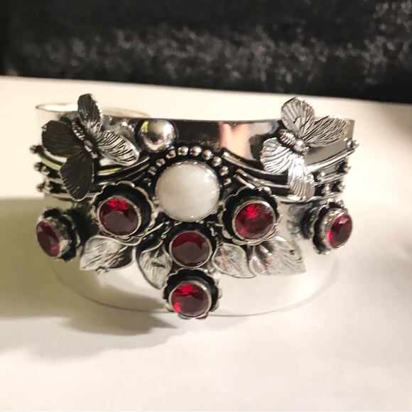 Garnet Moonstone 925 Sterling Silver Cuff Bracelet - Picture 2 of 3